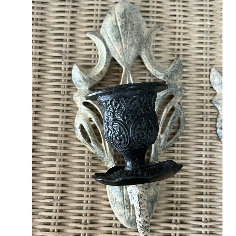 Vintage Shabby Chic Cast Iron Sconces Pair French Country Wall‎ Candle Holders